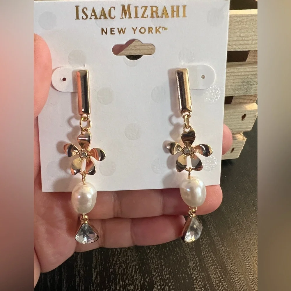 Isaac Mizrahi Flower Faux Pearl Drop Earrings - Picture 4 of 5